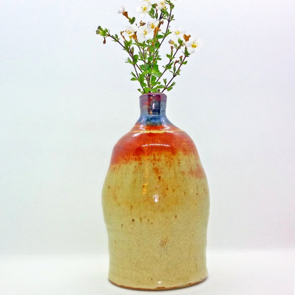 Studio Art Pottery Beige, Brown, Orange Ceramic Bottle Vase